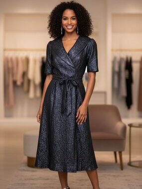 Alex Evenings Faux Wrap Metallic Jacquard Cocktail Midi Dress NWT Size 6